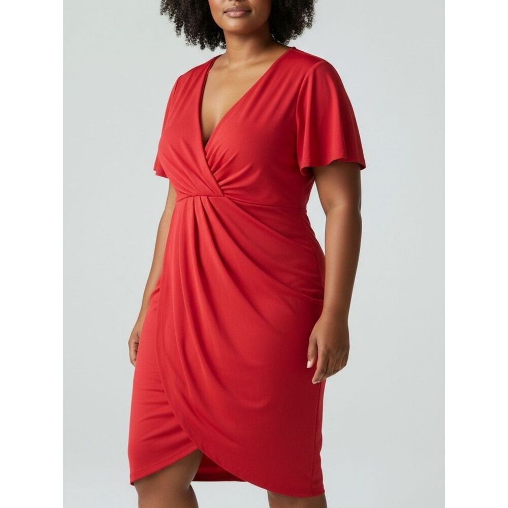 Red Surplus Faux Wrap Front Curve Dress